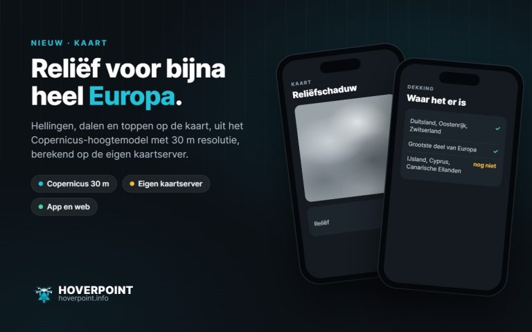 Reliëf voor bijna heel Europa. – Hellingen, dalen en toppen op de kaart, uit het Copernicus-hoogtemodel met 30 m resolutie, berekend op de eigen kaartserver.