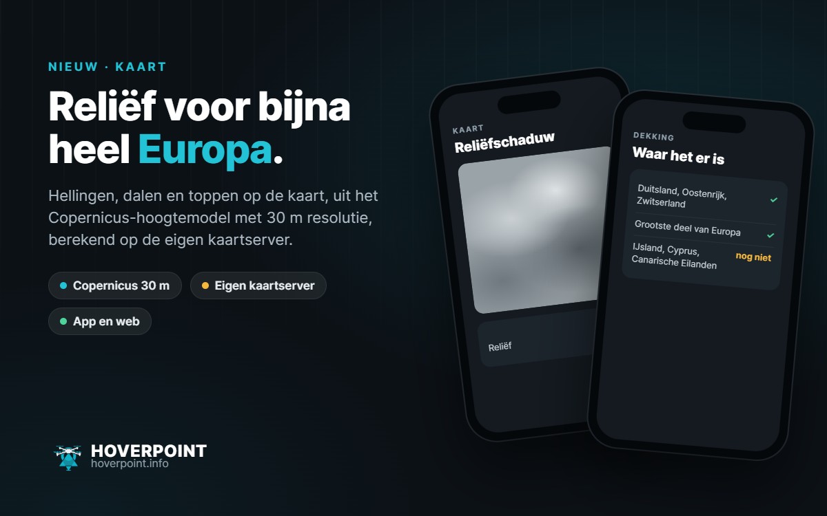 Reliëf voor bijna heel Europa. – Hellingen, dalen en toppen op de kaart, uit het Copernicus-hoogtemodel met 30 m resolutie, berekend op de eigen kaartserver.