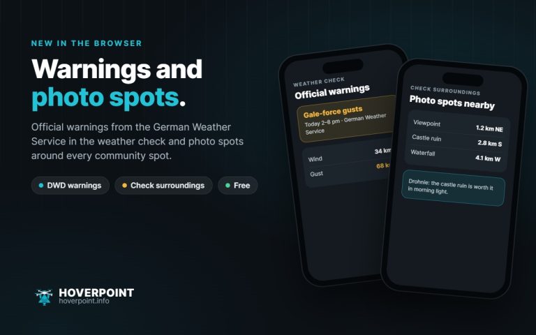 Warnings and photo spots. – Official warnings from the German Weather Service in the weather check and photo spots around every community spot.