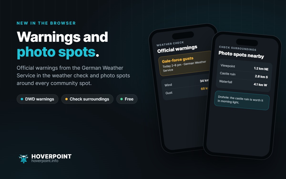 Warnings and photo spots. – Official warnings from the German Weather Service in the weather check and photo spots around every community spot.