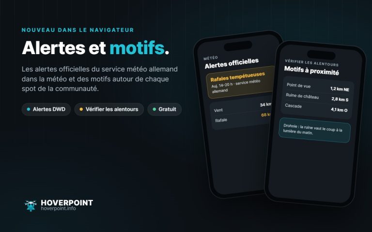 Alertes et motifs. – Les alertes officielles du service météo allemand dans la météo et des motifs autour de chaque spot de la communauté.