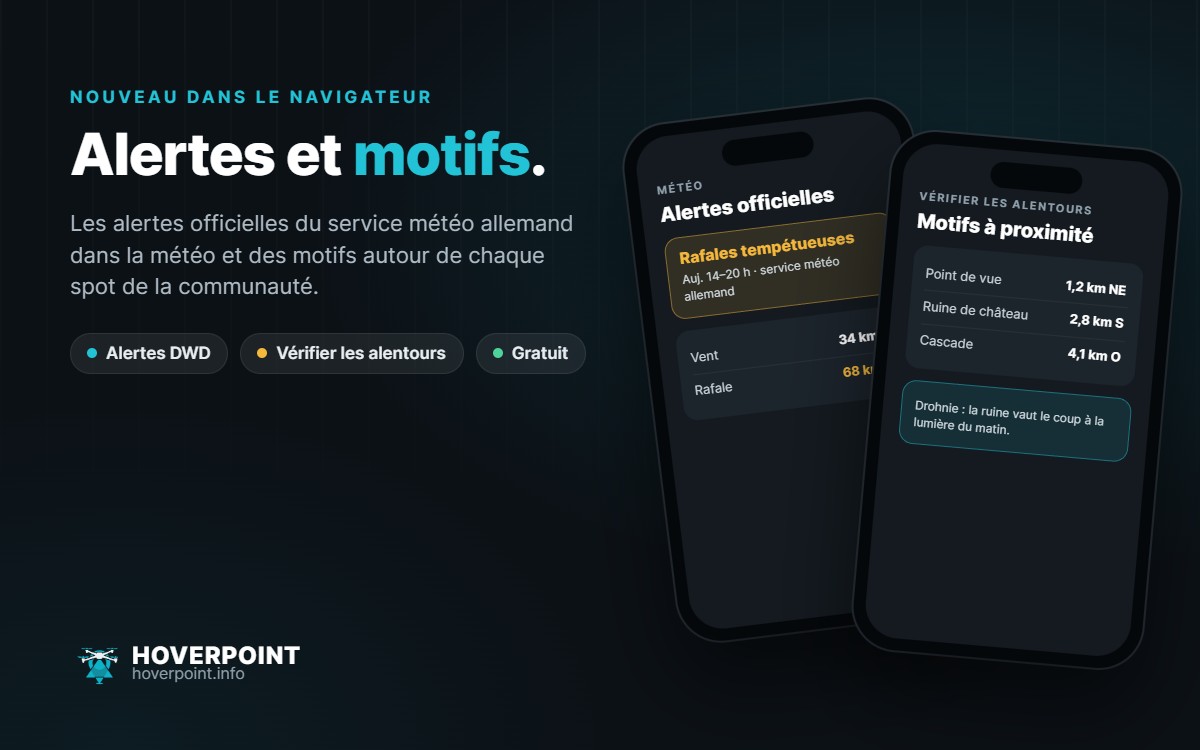 Alertes et motifs. – Les alertes officielles du service météo allemand dans la météo et des motifs autour de chaque spot de la communauté.