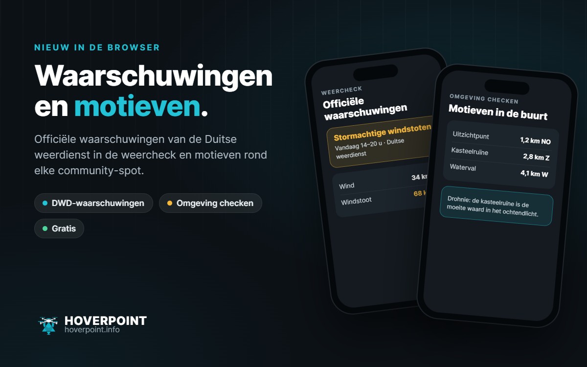Waarschuwingen en motieven. – Officiële waarschuwingen van de Duitse weerdienst in de weercheck en motieven rond elke community-spot.