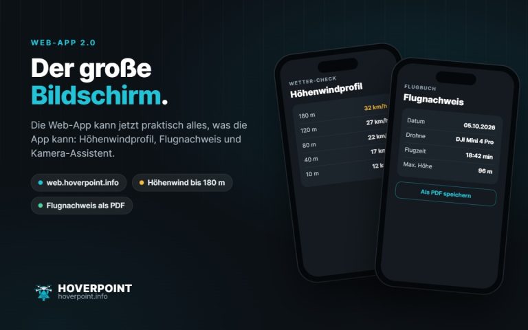 Der große Bildschirm. – Die Web-App kann jetzt praktisch alles, was die App kann: Höhenwindprofil, Flugnachweis und Kamera-Assistent.