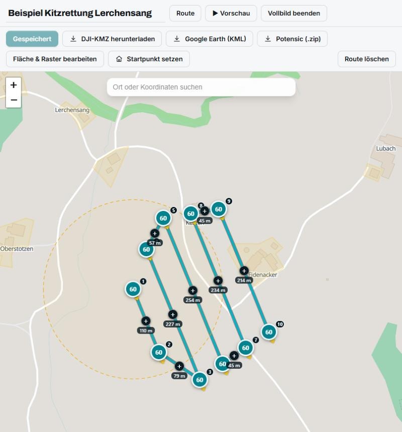 Wärmebild-Suchflug über eine Wiese in der Hoverpoint-Web-App