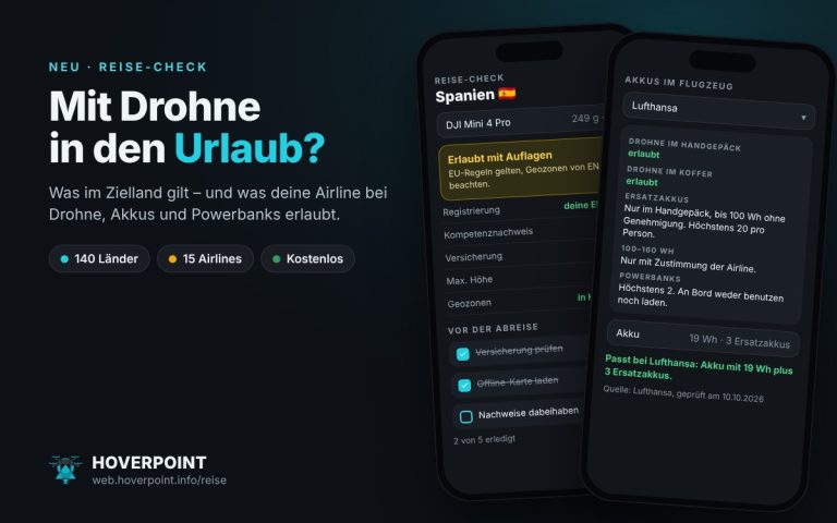Mockup: Reise-Check in Hoverpoint mit Zielland Spanien, Checkliste und den Akku-Regeln von Lufthansa