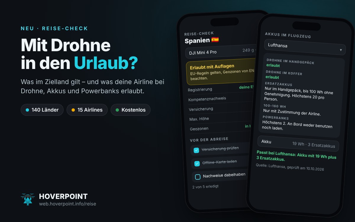 Mockup: Reise-Check in Hoverpoint mit Zielland Spanien, Checkliste und den Akku-Regeln von Lufthansa