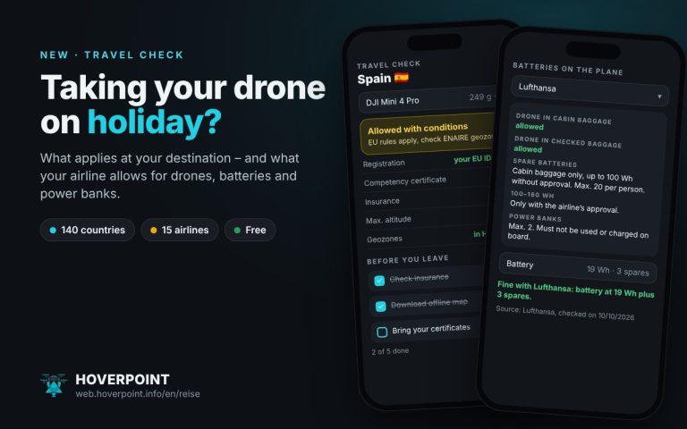 Mockup: Hoverpoint travel check with destination Spain, checklist and Lufthansa battery rules