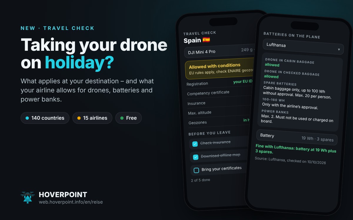 Mockup: Hoverpoint travel check with destination Spain, checklist and Lufthansa battery rules
